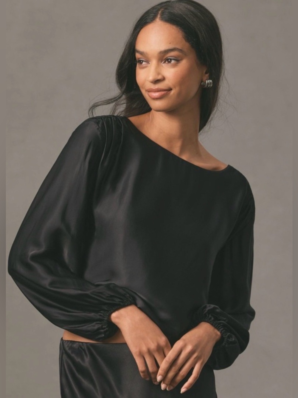 Anthropologie Balloon Sleeve Black Silky Blouse Shirt Top